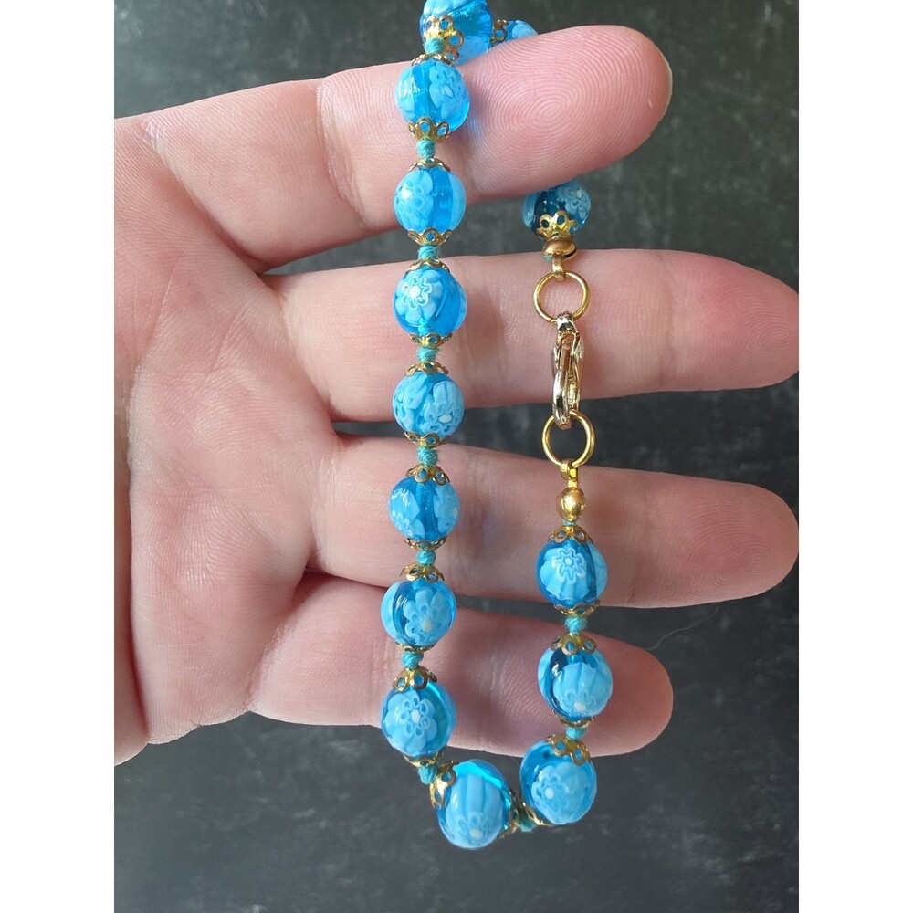 Millefiori Blue & White Glass Beaded Gold Tone Metal Bracelet Vintage